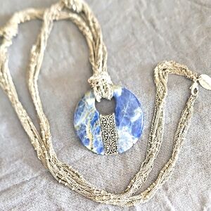 Coldwater Creek Sodalite Gemstone & Silver Long Pendant Necklace Multi Strand